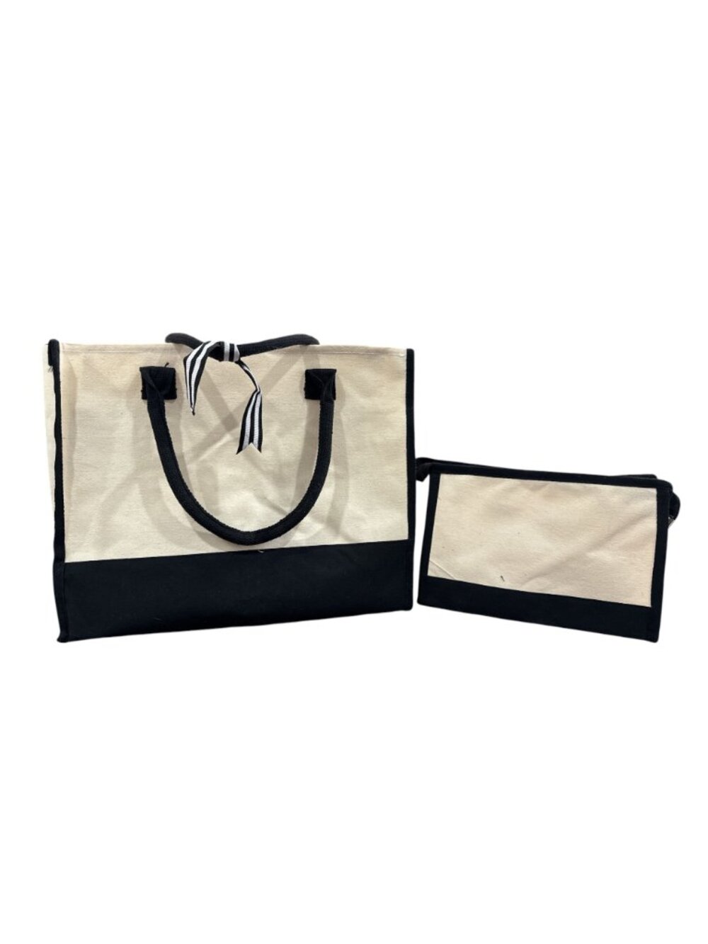 Canvas Tote Bag Set With Monogrammed Pouch Black & Cream Striped Bow Accent Zipp - Picture 2 of 8